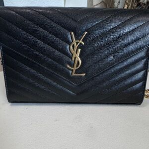 YSL Monogram Large Wallet on Chain in Grained Leather